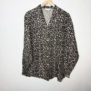 Melrose Silk Collection Leopard Print Long Sleeve Button Blouse Women's 2X